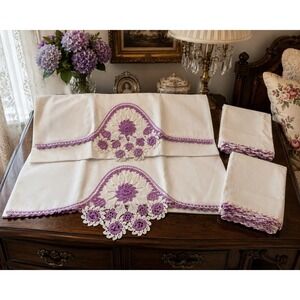 Vtg Stevens Mohawk Cotton Linens 4pc Hand Crochet Purple Floral Pillowcase Shams
